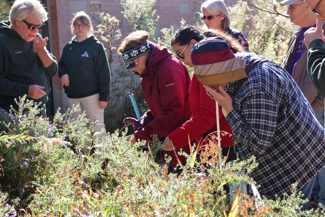 image of individuals holding canes and smelling plants at the nature center